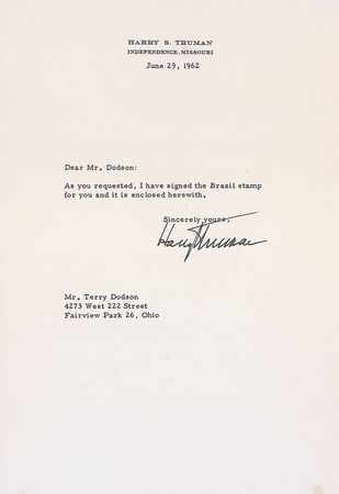 Lot #98 Harry S. Truman Letter and Stamp - Image 1