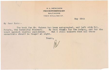 Lot #863 H. L. Mencken: “I still believe that all those scoundrels should be hanged at sight” - Image 2