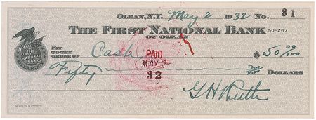 Lot #1541 Babe Ruth: Superlative 1932 twice-signed Ruth check - Image 1