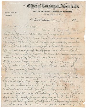 Lot #692 James Longstreet: The former Confederate general, now a cotton broker, advises another officer to sell his cotton in his home state of Alabama - Image 1