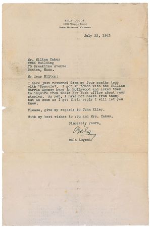 Lot #1323 Bela Lugosi: Wonderful Lugosi letter mentioning his ?four months tour with 'Dracula?? - Image 1