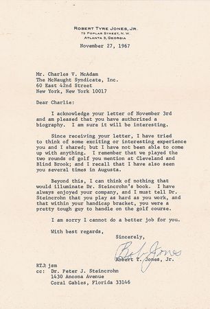 Lot #1525 Bobby Jones: ?I remember that we played the two rounds of golf?and I recall that I have also seen you several times in Augusta? - Image 1