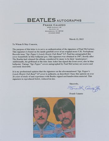 Lot #1057 Beatles: Paul McCartney: Scarce UK mono issue of their classic Sgt. Pepper, signed by Paul shortly after its release - Image 3