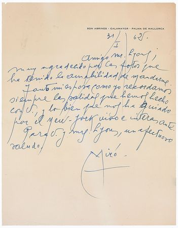 Lot #579 Joan Miro Handwritten Letter Signed - Image 1