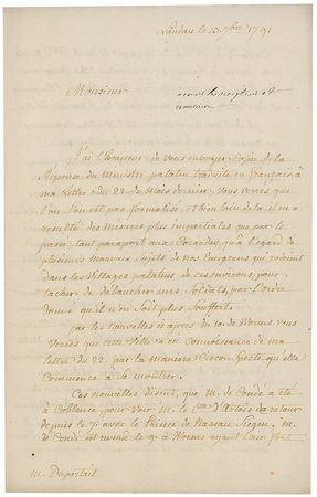 Lot #386 Francois Christophe de Kellermann: Important letter on the ?evil subjects of the Emigres who are roving through the Palatine villages attempting to taint and debauch my soldiers? - Image 1