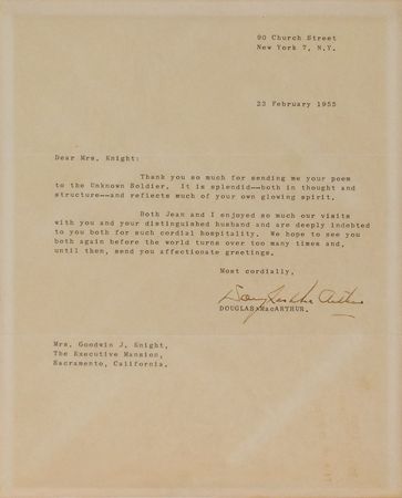 Lot #388 Douglas MacArthur: Reaction to a ?poem to the Unknown Soldier,? written by the governor?s wife - Image 1