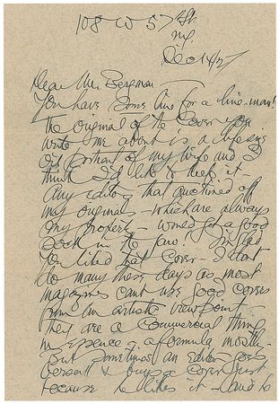 Lot #559 James Montgomery Flagg: Responding to an art collector’s failed pursuit, Flagg offers a sketch and a reason: “Any editors that auctioned off my originals—which are always my property—would get a good sock in the jaw!” - Image 1