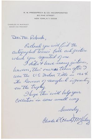 Lot #1486 Chuck McKinley Tennis Ball and Handwritten Letter Signed - Image 2
