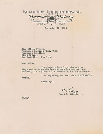 Lot #952 Cecil B. de Mille: “You certainly did a great job on Cleopatra and the director” - Image 1
