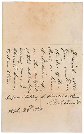 Lot #33 U. S. Grant: Grant turns to the Commissioner of Indian Affairs regarding the removal of ?stray bands of Indians? in Wisconsin: ?I should have to see them before taking definite action? - Image 1