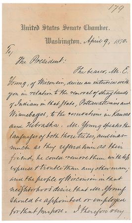 Lot #33 U. S. Grant: Grant turns to the Commissioner of Indian Affairs regarding the removal of ?stray bands of Indians? in Wisconsin: ?I should have to see them before taking definite action? - Image 2