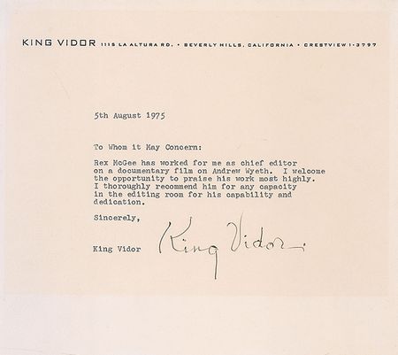 Lot #1247 King Vidor: “Rex McGee has worked for me as chief editor on a documentary film on Andrew Wyeth” - Image 1