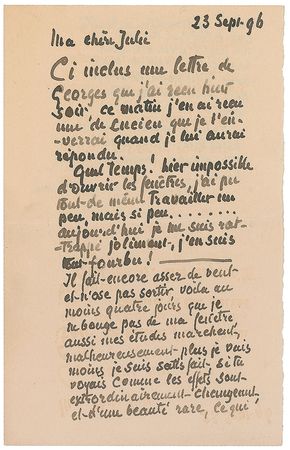 Lot #584 Camille Pissarro: ?With three points of view I can do a hundred paintings. In sum, I?m really giving it the gun and it?s going pretty well? - Image 1