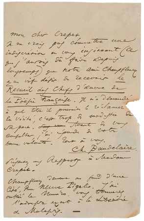 Lot #535 Charles Baudelaire: The symbolist pioneer requests a copy of the Collection of Masterpieces of French Poetry for a fellow novelist - Image 1