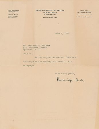 Lot #459 Charles Lindbergh: “At the request of Colonel Charles A. Lindbergh we are sending you herewith his autograph” - Image 1