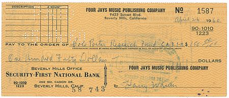 Lot #930 Harry Warren: Royalties for Ira Gershwin and a payment to the Cole Porter Research Fund - Image 1