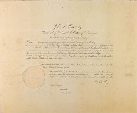 Lot #125 John F. Kennedy: JFK appoints the Camelot lyricist Alan Jay Lerner to the Advisory Committee on the Art “during the pleasure of the President of the United States” - Image 1
