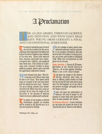 Lot #111 Harry S. Truman: ?The Western World has been freed of the evil forces which for five years and longer have imprisoned the bodies and broken the lives of millions upon millions? - Image 1