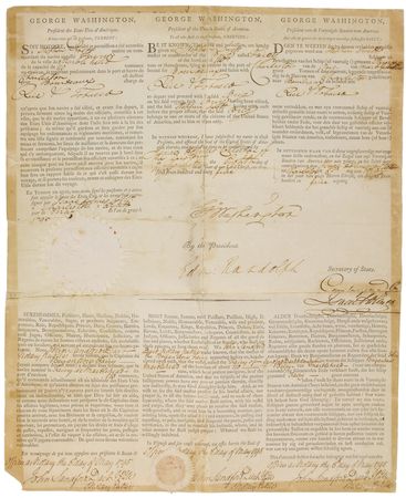 Lot #1 George Washington: Rare three-language ship?s paper for a Charleston-docked vessel ?laden with Rice & Tobacco? - Image 3