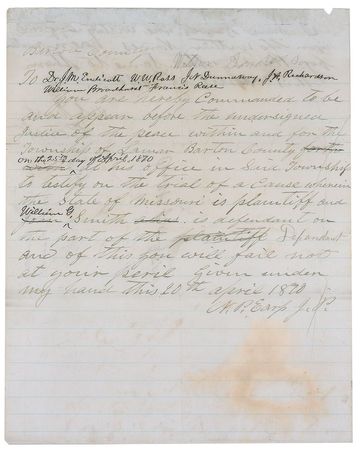Lot #217 Wyatt Earp: Exceptionally rare 1870 subpoena from Earp?s first post in public office?one of the earliest offered from the icon of the old west - Image 2