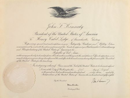 Lot #14 John F. Kennedy 1963 Signed Appointment of Henry Cabot Lodge, Jr., as Ambassador to Vietnam - Image 1