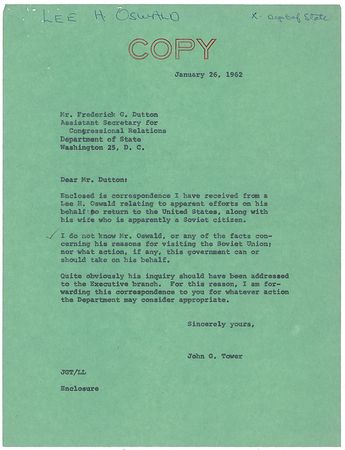 Lot #170 Lee Harvey Oswald 1961 Autograph Letter Signed to Senator Tower - Image 2