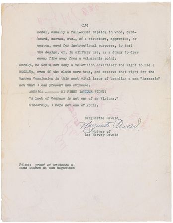 Lot #306 Marguerite Oswald Signed Typed Manuscript - Image 1