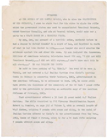 Lot #306 Marguerite Oswald Signed Typed Manuscript - Image 2