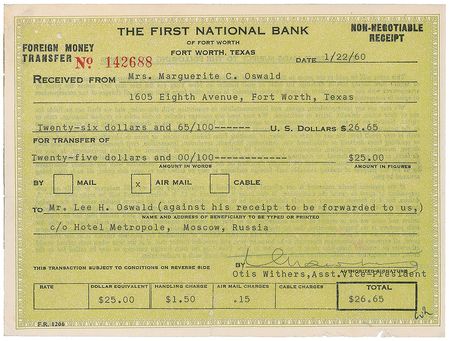 Lot #166 Lee Harvey Oswald 1960 Foreign Money Transfer Receipt - Image 1