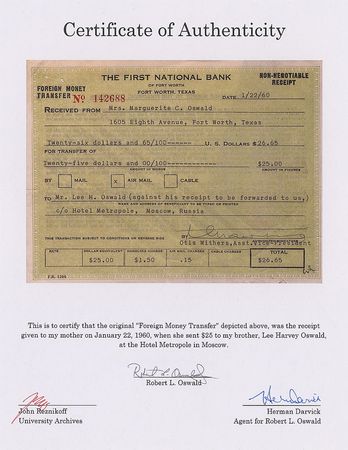 Lot #166 Lee Harvey Oswald 1960 Foreign Money Transfer Receipt - Image 2