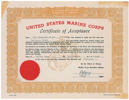 Lot #178 Lee Harvey Oswald 1956 US Marine Corps Certificate of Acceptance - Image 1
