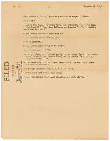Lot #214 Lee Harvey Oswald List of Items Confiscated from His Home - Image 1