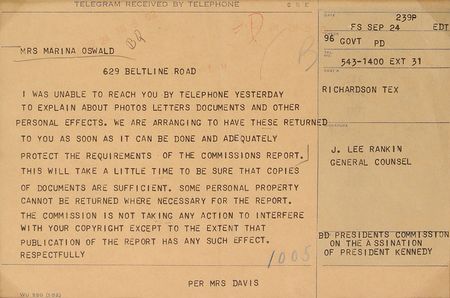 Lot #302 Warren Commission Signatures and Telegram Sent to Marina Oswald - Image 4