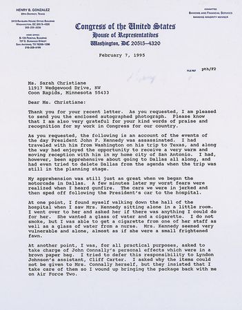 Lot #198 Congressman Henry Gonzalez?s Signed Eyewitness Account Letter - Image 1