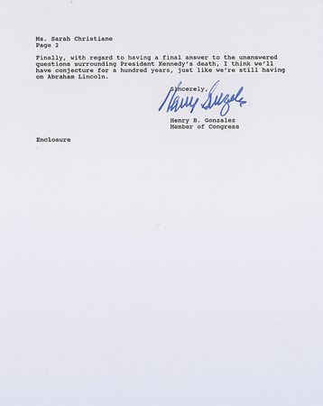 Lot #198 Congressman Henry Gonzalez?s Signed Eyewitness Account Letter - Image 2