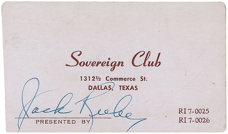 Lot #253. Jack Ruby Sovereign Club Signed Business Card