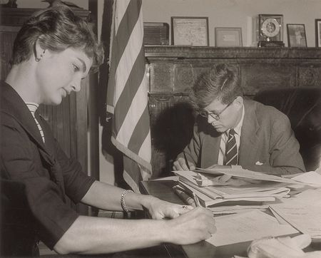 Lot #106 John and Jacqueline Kennedy Photograph Tending to Senatorial Correspondence - Image 1