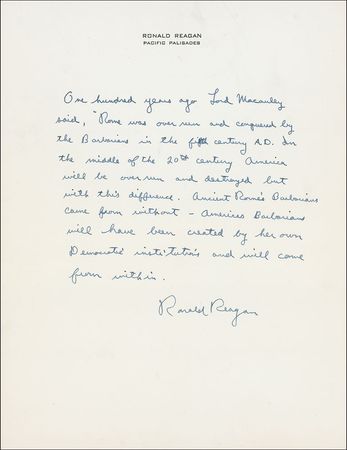 Lot #363 Ronald Reagan: ?Americas Barbarians will have been created by her own Democratic institutions and will come from within? - Image 2