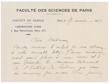 Lot #427 Marie Curie: Curie marvels at a luminous byproduct of her radiology research: “The extraction of the emanation [of radium]…constitutes in my opinion one of the most beautiful experiments in physics” - Image 1