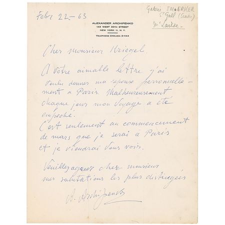 Lot #815 Alexander Archipenko Handwritten Letter Signed - Image 1