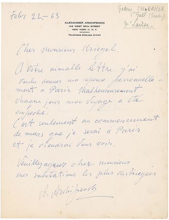 Lot #815 Alexander Archipenko Handwritten Letter Signed - Image 2