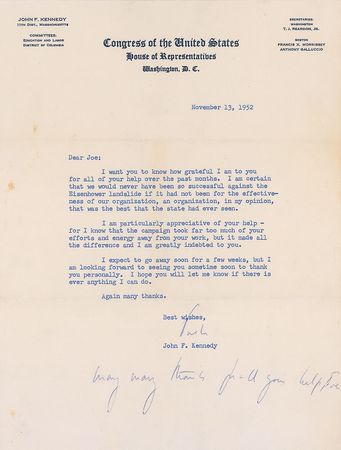 Lot #11 John F. Kennedy 1952 Letter: “We would