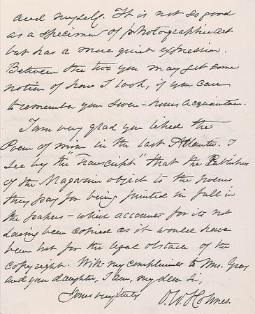 Lot #930 Oliver Wendell Holmes, Sr: ?I am very glad you liked the poem of mine in the last Atlantic? - Image 2