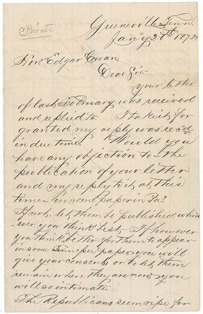 Lot #283 Andrew Johnson: “The Republicans seem ripe for one presidential term. I do not think they ought to be permitted to come forward and take an old Jackson proposition out of our hands” - Image 1
