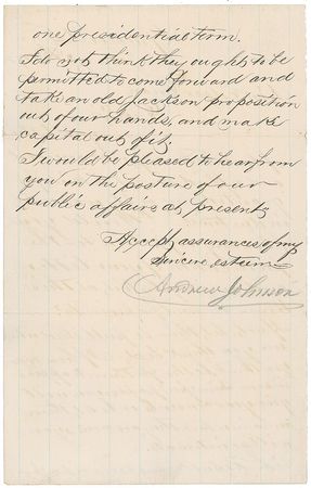 Lot #283 Andrew Johnson: “The Republicans seem ripe for one presidential term. I do not think they ought to be permitted to come forward and take an old Jackson proposition out of our hands” - Image 2