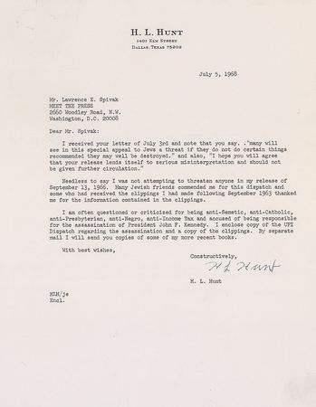 Lot #228 Conspiracy: H. L. Hunt: Texas Oil Tycoon complains of being “accused of being responsible for the assassination of President John F. Kennedy” - Image 1
