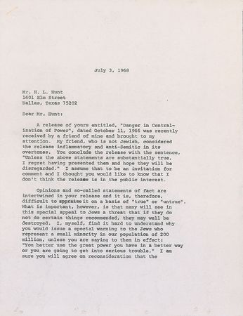Lot #228 Conspiracy: H. L. Hunt: Texas Oil Tycoon complains of being “accused of being responsible for the assassination of President John F. Kennedy” - Image 2