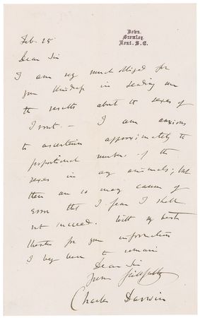 Lot #429 Charles Darwin: “I am anxious to ascertain approximately the proportional number of the sexes in any animals; but there are so many causes of error that I fear I shall not succeed” - Image 1