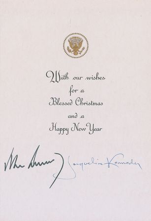 Lot #67 John and Jacqueline Kennedy 1963 Christmas Card: Rare 1963 White House Christmas card, signed less than 48 hours before leaving for Dallas - Image 1