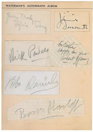 Lot #1286 Waterman?s Autograph Book: Desirable Waterman?s album with Grant, Tracy, Karloff, and Earhart - Image 3
